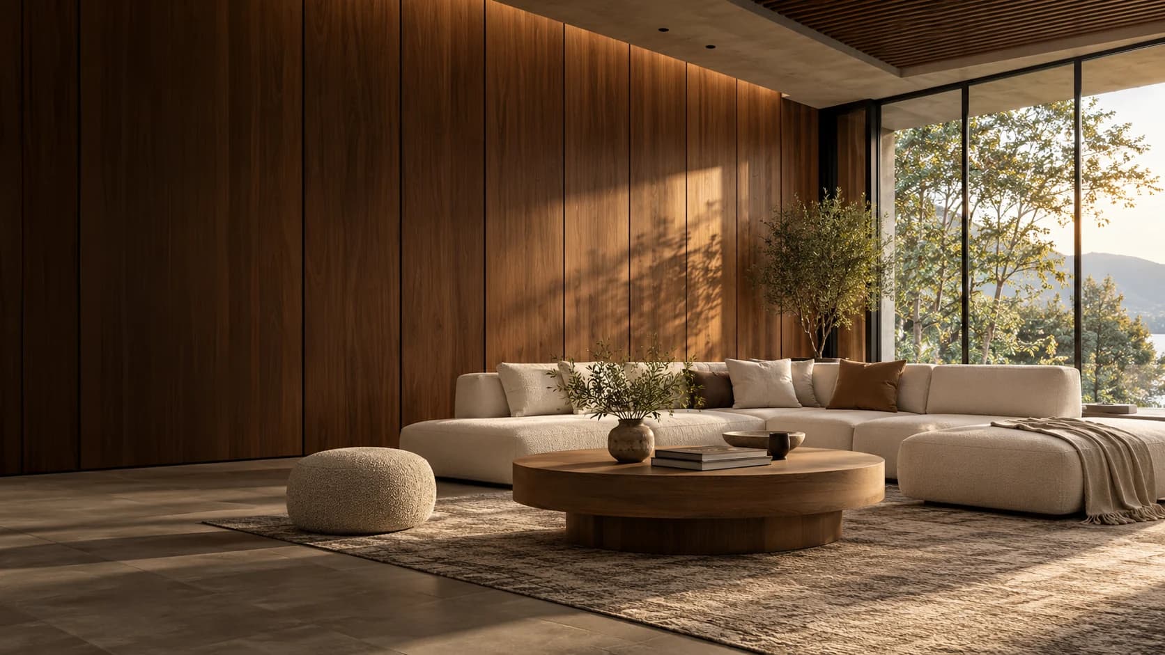 Illustrative modern interior with wood wall panels